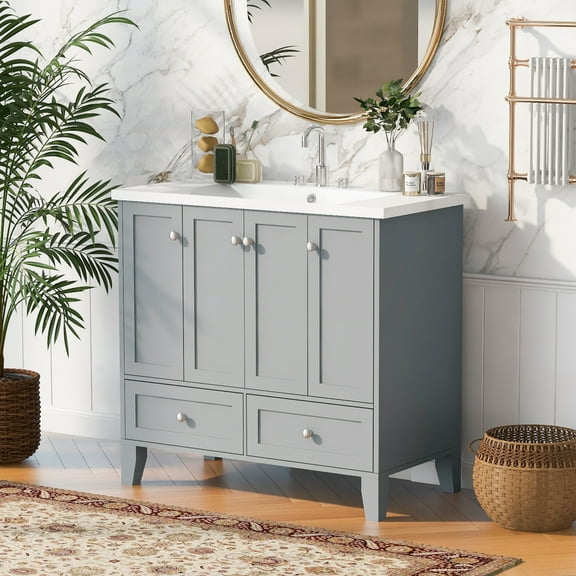 36'' Bathroom Vanity with Resin Sink Combo,Solid Wood Frame Bathroom Storage Cabinet, Freestanding Vanity Set with 4 Soft Closing Doors& 2 Drawers (Same as SW000124AAE)