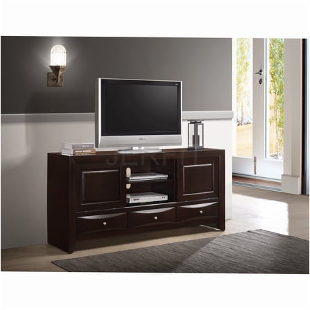 JERFIT 87 Inch Modern TV Stand with 3 Drawers & Open Shelf, Dark Cherry Wood Entertainment Center for Living Room