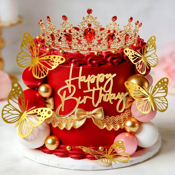 Red Gold Queen Crown Cake Topper Set - 26-Piece Luxury Party Decoration for Birthday Wedding Bridal Showers