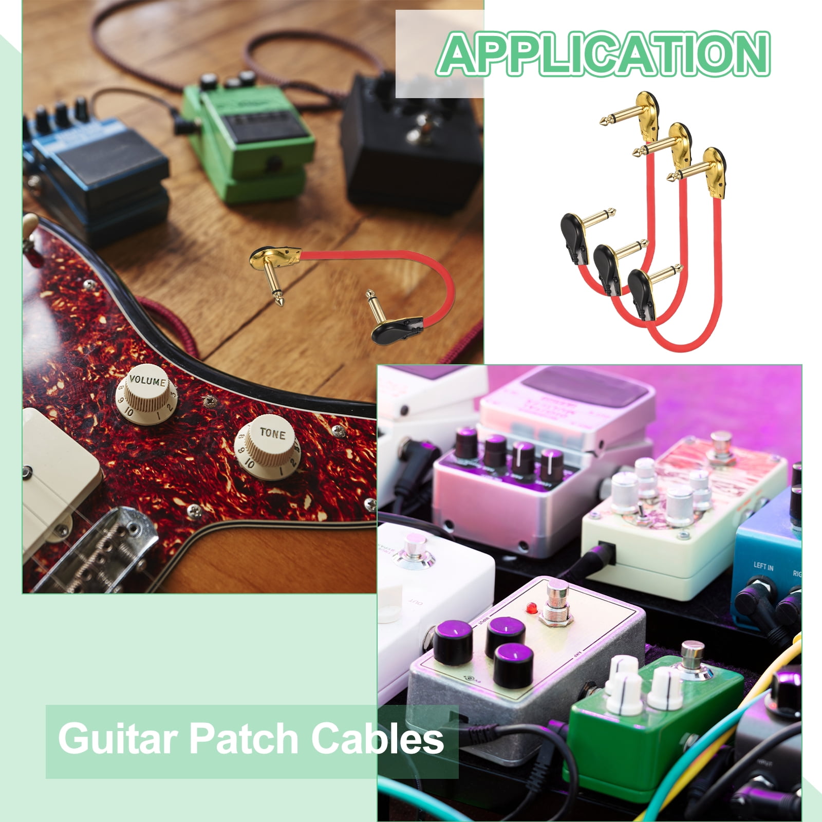 Uxcell 3 Pcs Guitar Patch Cables 15 Inch Pedal Board Cord 1/4 Inch Metal Flat Head TS Right Angle Guitar Patch Effect Cable Cord for Instrument Effect Pedal Mixing Console, Green