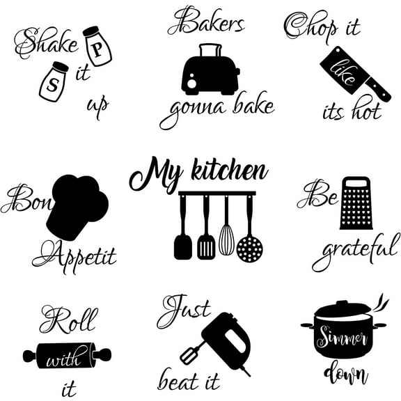 4 Pcs Kitchen Wall Stickers Kitchen Quotes Wall Decals with Funny Lettering Vinyl Fun Utensils Sticker Peel and Stick Arts for Fridge Restaurant Bar Home Decoration