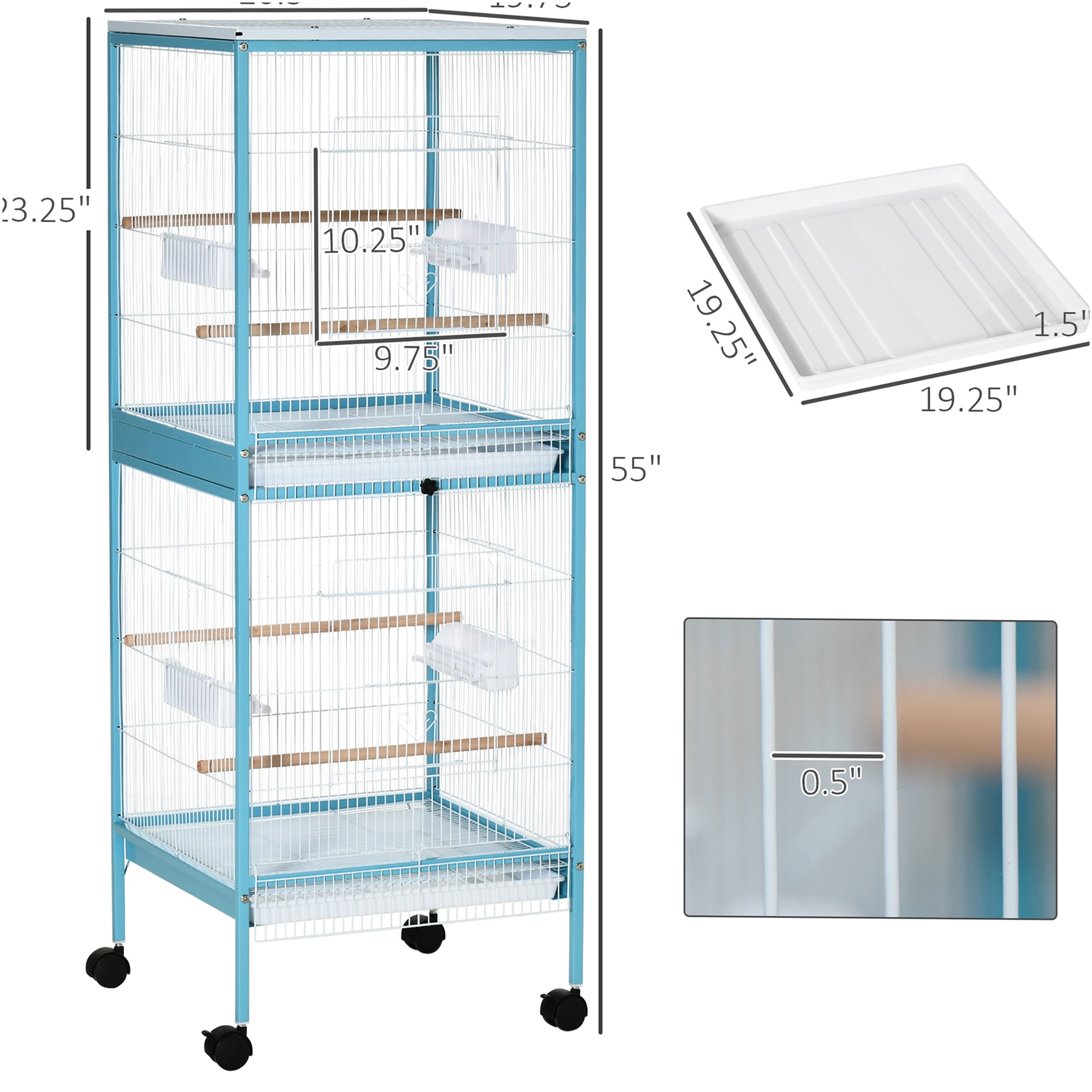 JERFIT 55" Light Blue Large Bird Cage for Conures, Finches & Canaries, Wide 20.5" Flight Aviary with 4 Doors, Wheels & Removable Tray