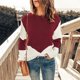 thumbnail image 2 of Top de punto para mujer, cuello redondo, mangas con hombros caídos, empalme de color, suéter de punto informal para primavera, otoño, invierno, rojo vino L, 2 of 5