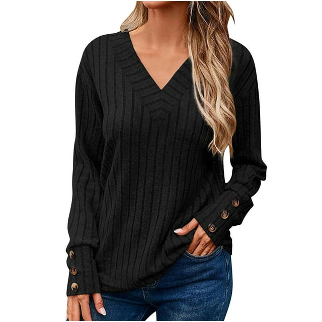 MeetoTime Women's V-Neck Ribbed Long Sleeve Tunic Tops Fall Casual Solid Color Stretchy Knit Sweater Pullover