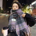 thumbnail image 2 of Winter Knit Scarf Women Winter Scarf Plaid Print Color Matching Tassel Thick Plush Warm Soft Windproof Neck Protection Decorative Washable Lady Neck, 2 of 8