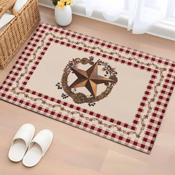 Western Texas Star Vintage Entryway Rug 2'x3' Non Slip Front Door Mats, Rustic Wreath Red Beige Plaid Entrance Rugs Indoor Outdoor Carpet, Washable Floor Mats Small Area Rug for Bedroom Kitchen
