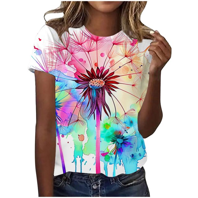 TSADFHJI Hauts de Vacances pour Femmes Manches en Dentelle Imprimé Col Rond Manches Courtes T-Shirt m