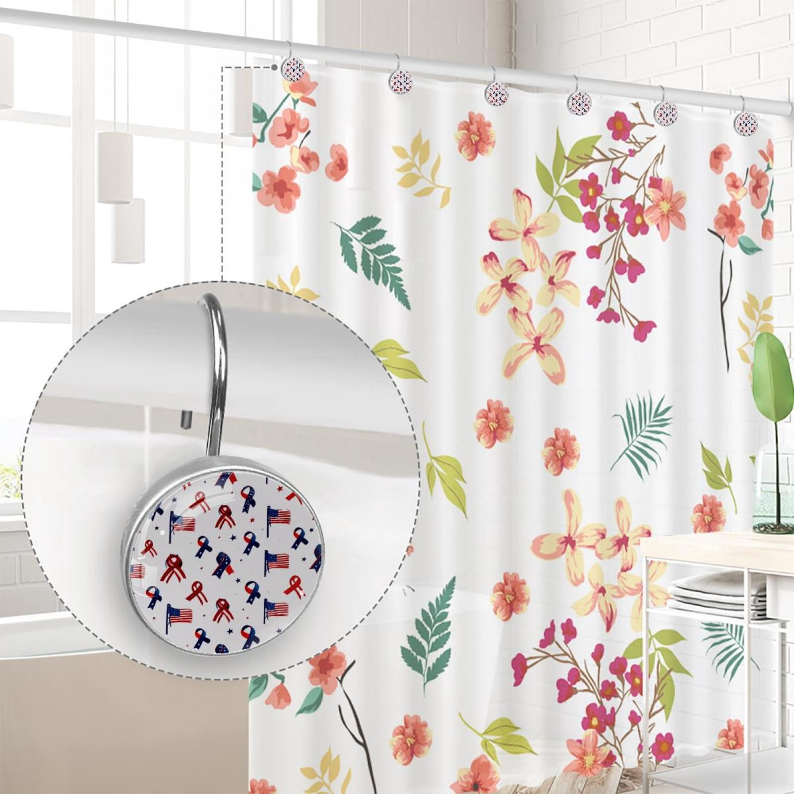 12pcs Decorative Shower Curtain Hooks, Rust Resistant Shower Rings for Bathroom Living Room,Rustproof Stainless Steel Rings for Shower Curtain and Liner Rods,4th of July Bows Flags