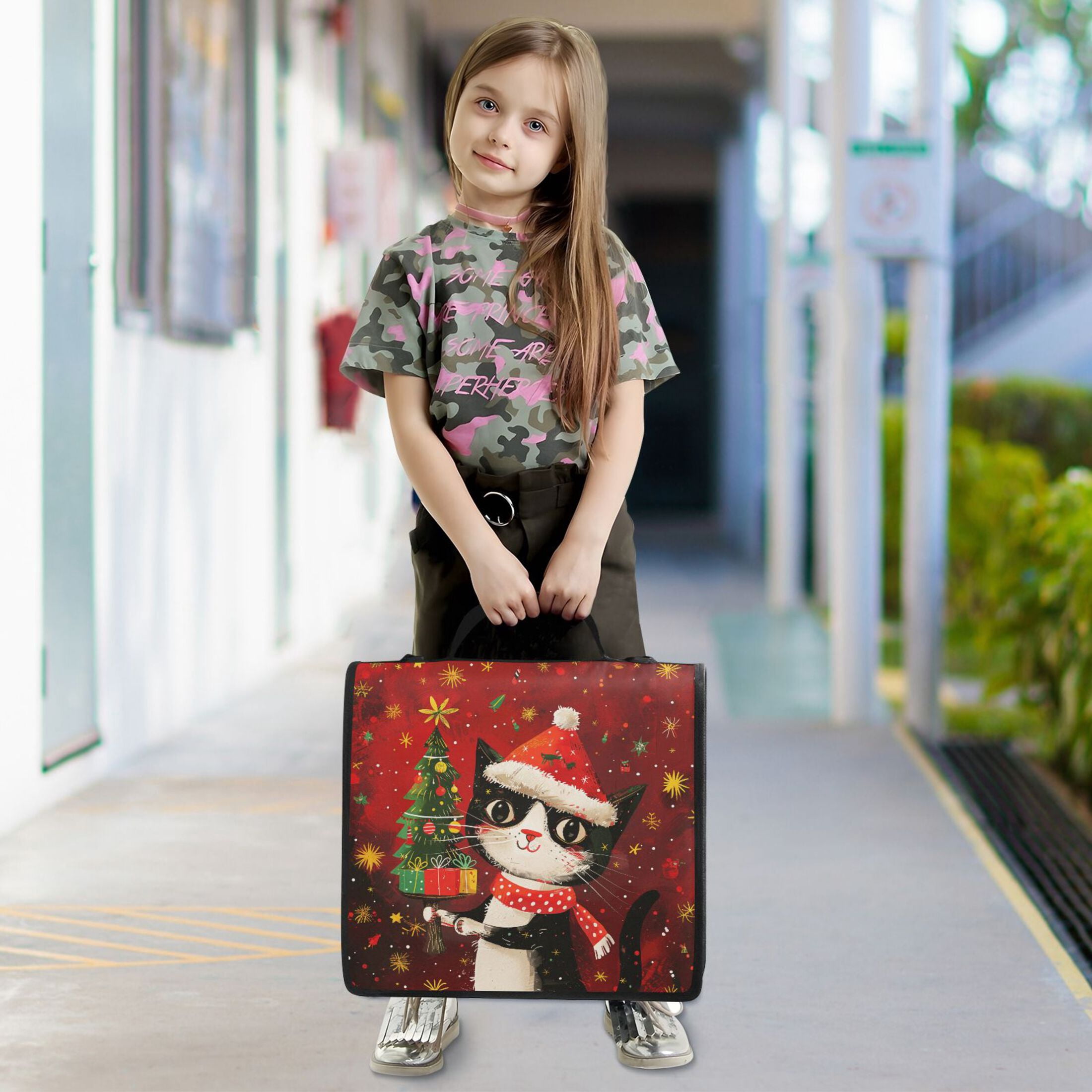 3 Ring Zipper Binder with Shoulder Strap Waterproof Trapper Keeper 2 Inch D-Ring 500 Sheets Capacity Cute Cat with Christmas Tree