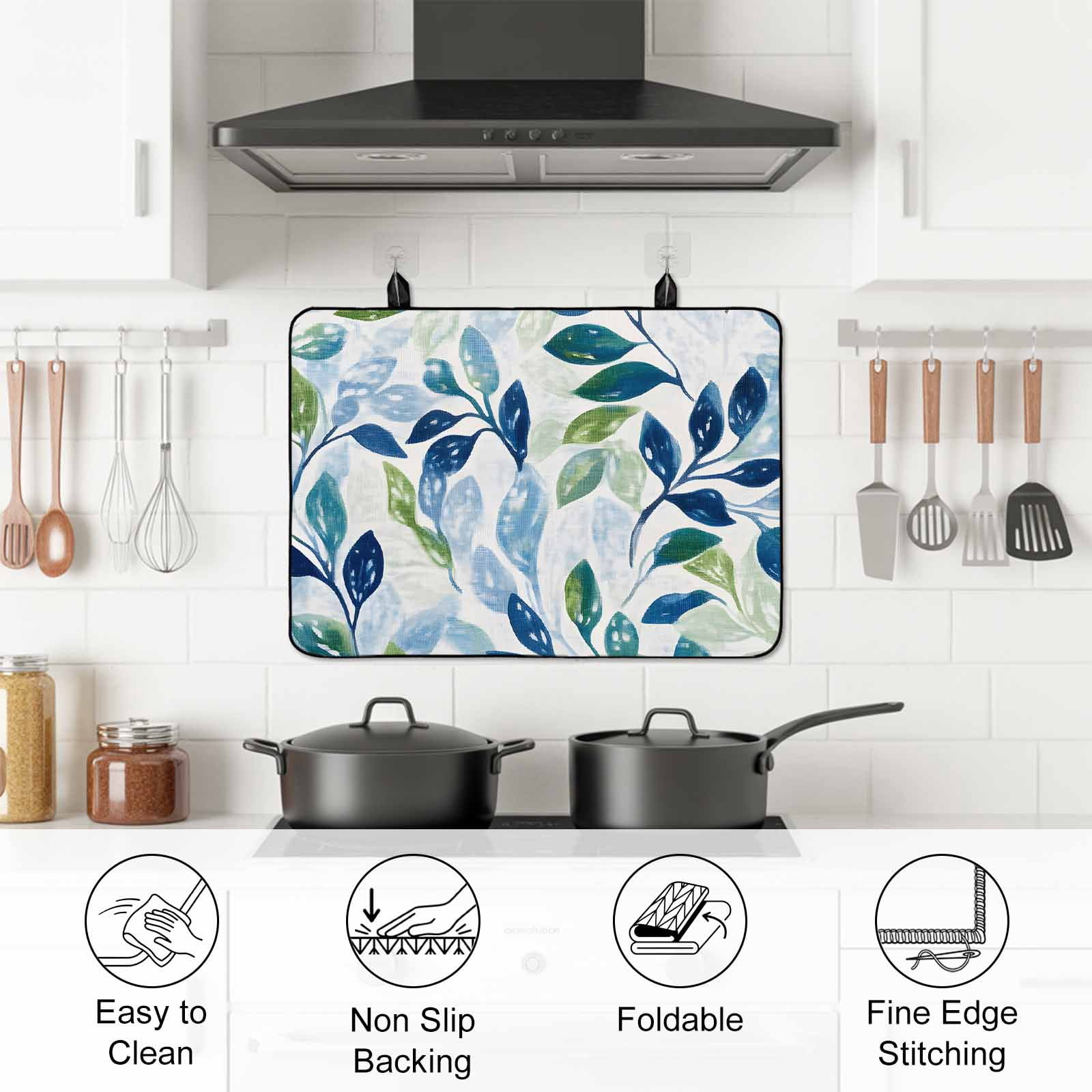 Navy Blue Leaves Stove Top Cover for Electric Stove, Heat-proof & Non Slip Glass Top Stove Cover Protector, Green Summer Botanical Kitchen Flat Cooktop Rubber Mat 24x21 Inches
