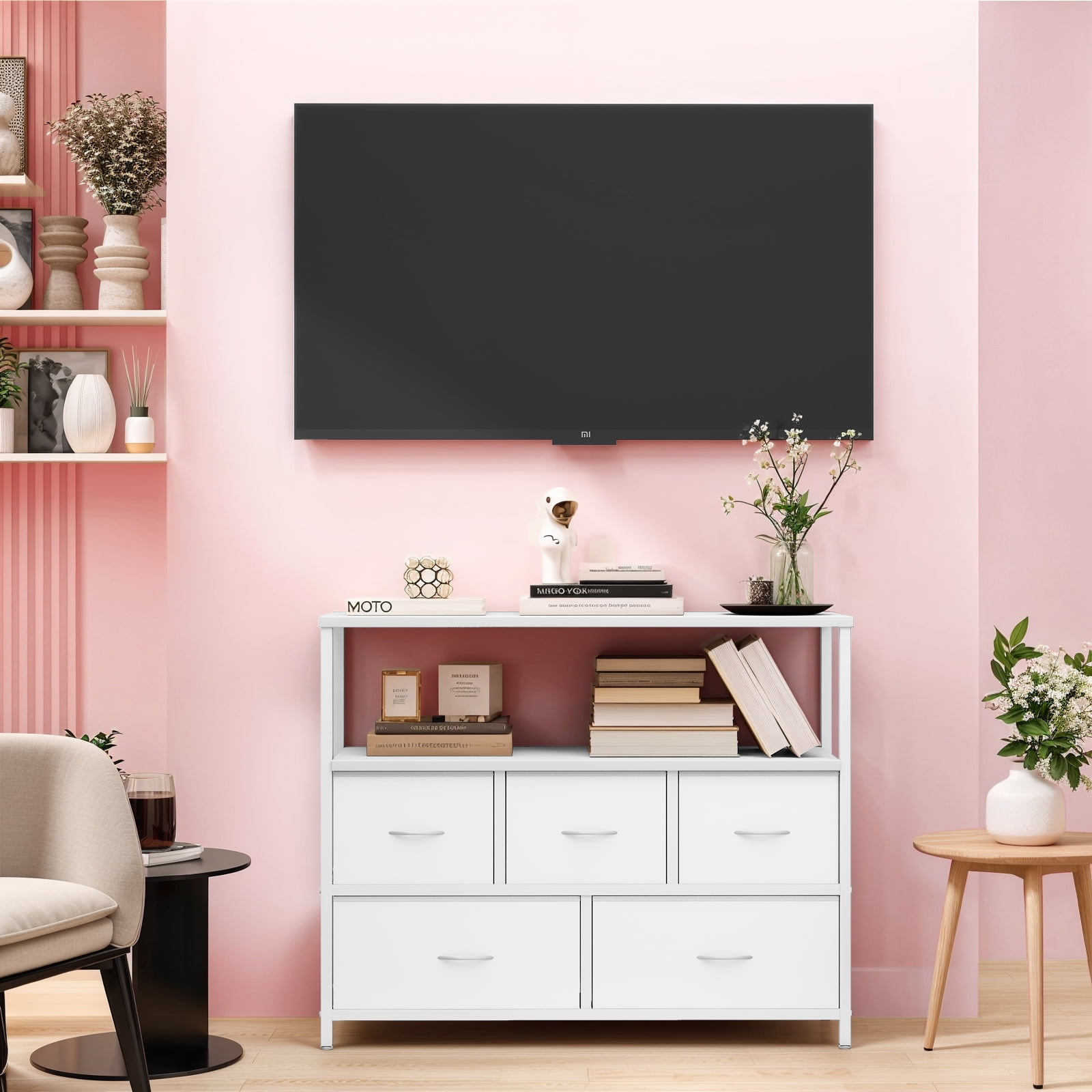 TV Stand, White Dresser for Bedroom, Entertainment Center for 45 Inch TV with Drawers, Fabric, Adjustable Feet, Living Room