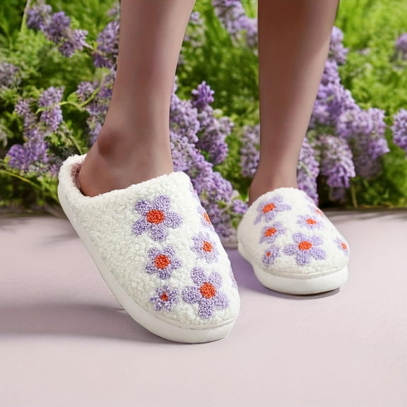 POROPL House Slippers for Women Fuzzy Slippers Home Slippers Winter Indoor(Floral Print,Slip On,Warm) Size 5.5