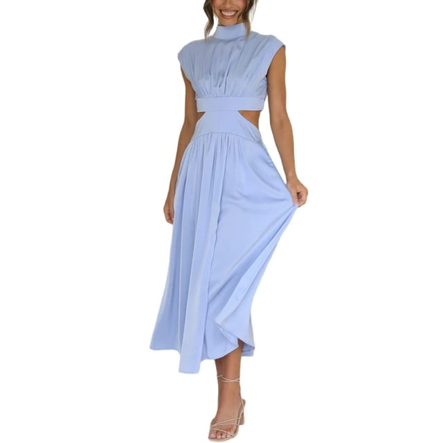 Sexy Dance Robe d'Été de Plage pour Femmes Col Montant Robes Longues Maxi Sans Manches Robe Débardeur Hawaïenne Couleur Unie Bleu Clair G