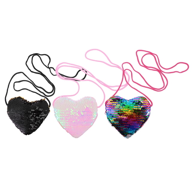 MasteelfCA 3Pcs Trendy Heart Shape Purses Sequin Wallets Practical Coin Purses with Lanyard