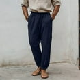 thumbnail image 2 of Iugvhana Mens Cotton Linen Lounge Pants Casual Loose Fit Elastic Waist Pockets Beach Pants Pure Color Comfortable Breathable Trousers Navy M, 2 of 6