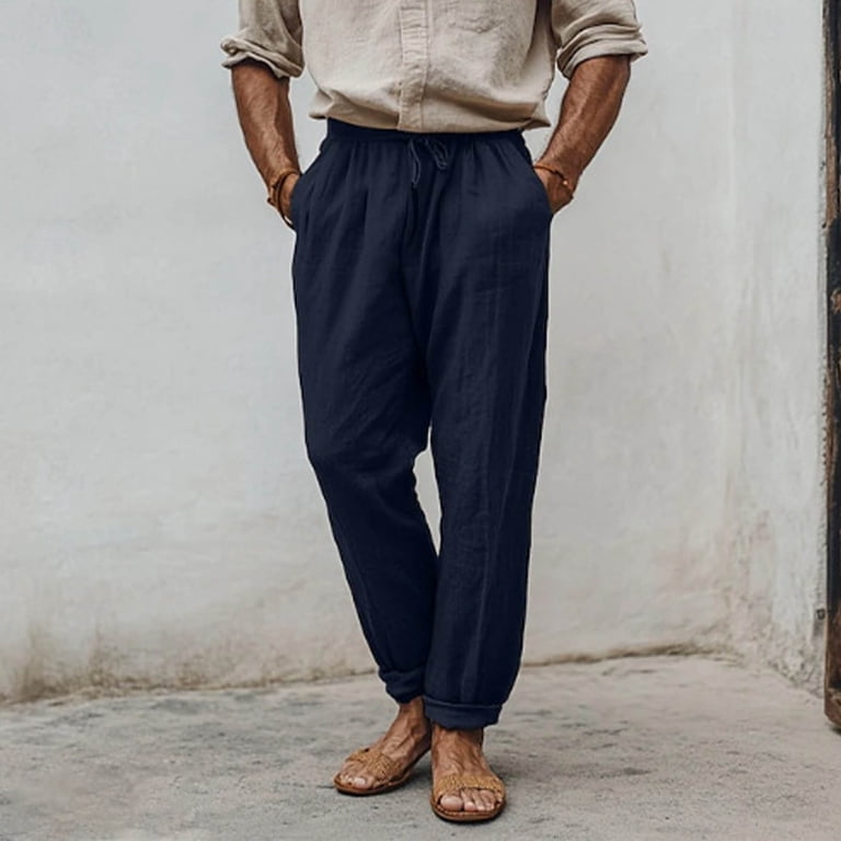 Maean Big and Tall Pant for Mens Cotton Linen Summer Causal Pants Elastic Waist with Pockets S-5xl, Men's, Size: Large, Blue