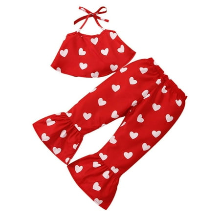 

simu Valentines Day Girls Outfits Toddler Girls Valentine s Day Sleeveless Vest Tops Hearts Printed Bell Bottoms Pants Kids Outfits for Birthday Wedding