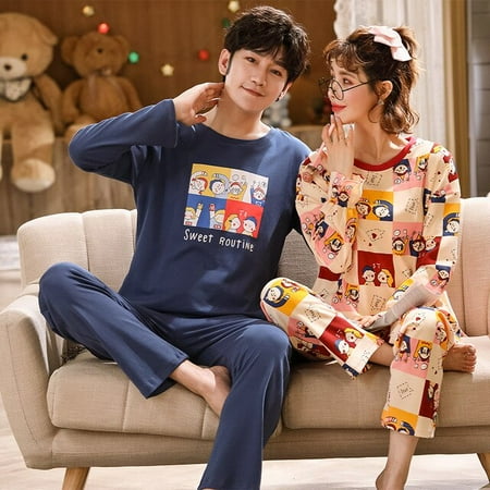 

Couple Pajamas Set 100% Cotton Autumn Long Sleeves Pnats Home Suit Cartoon Lovers Sleepwear Comfortable Two-piece Female Pajamas