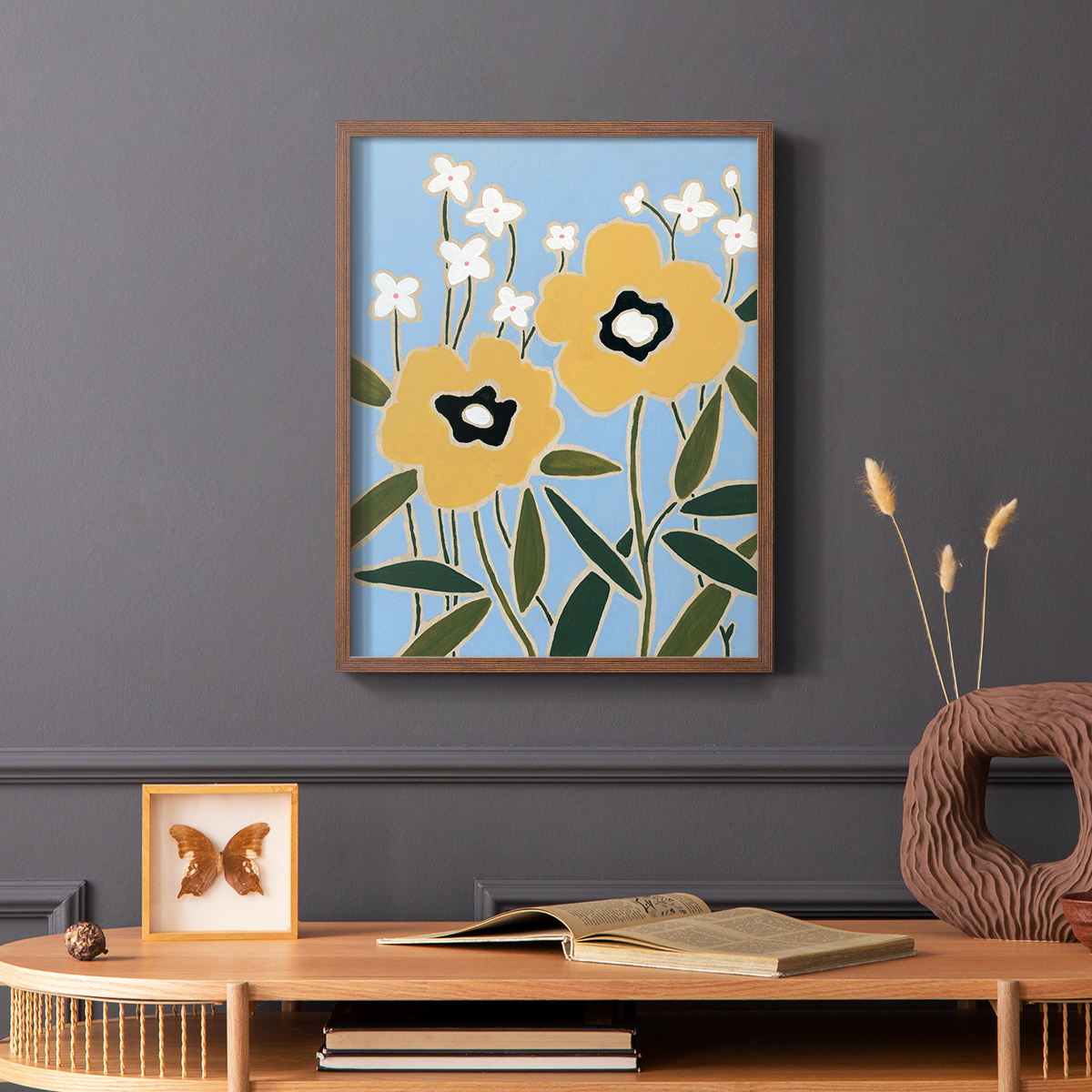Woodblock Floral II Framed Print - Solid Wood in Single Picture Frame Solid Wood 2 Framed Print