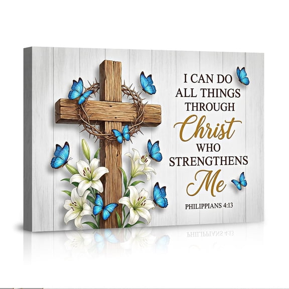 "I Can Do All Things Through Christ" Christian Canvas Wall Art, Cross with Lilies & Butterflies, Inspirational Bible Verse Decor for Living Room & Modern Home