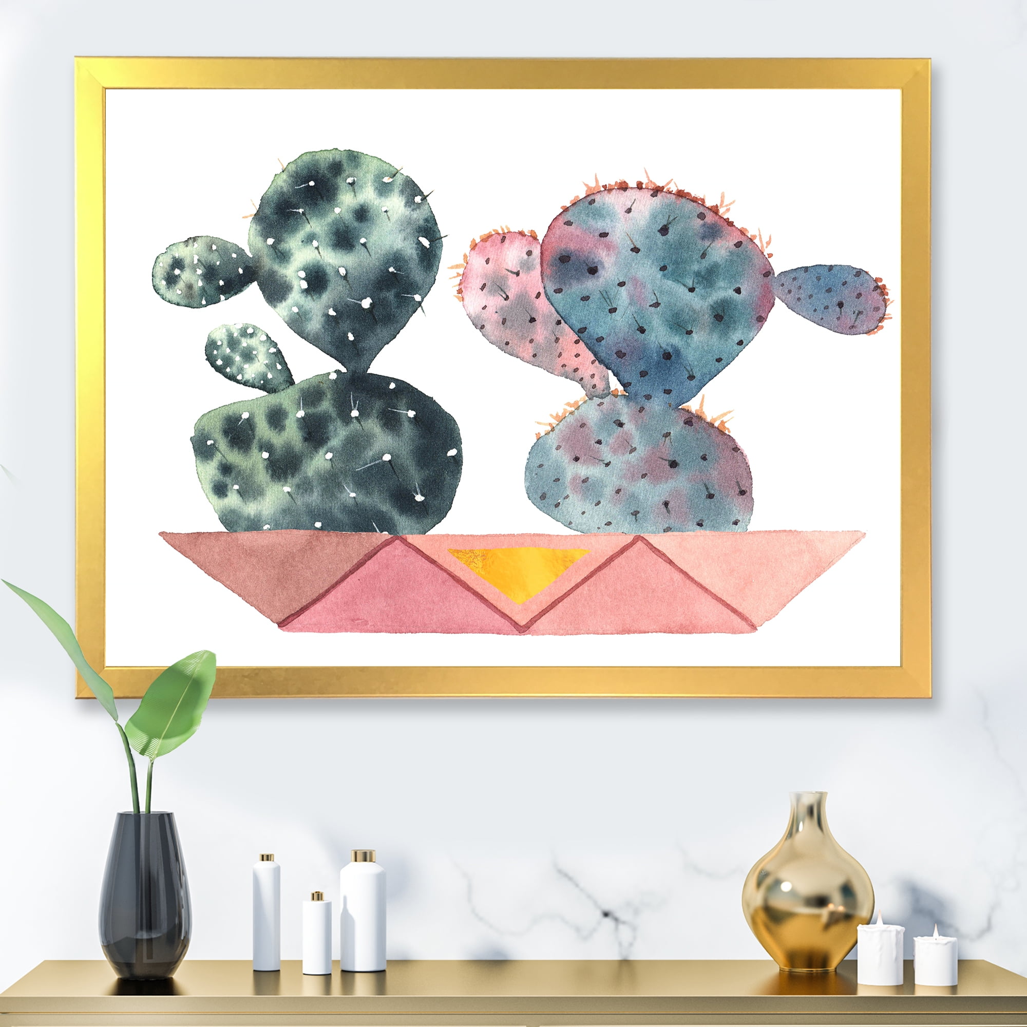 Designart 'Cactus Duo In Pink Pots Geometric' Modern Framed Art Print