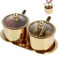 thumbnail image 1 of Vensio -2-Pack Stainless Steel Sugar Bowls with Glass Lids and Spoons, Polished Round Condiment Pots with Storage Tray, Rustproof Seasoning Container Set Gold, 1 of 9