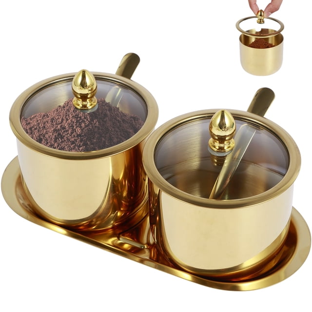 Vensio -2-Pack Stainless Steel Sugar Bowls with Glass Lids and Spoons, Polished Round Condiment Pots with Storage Tray, Rustproof Seasoning Container Set Gold