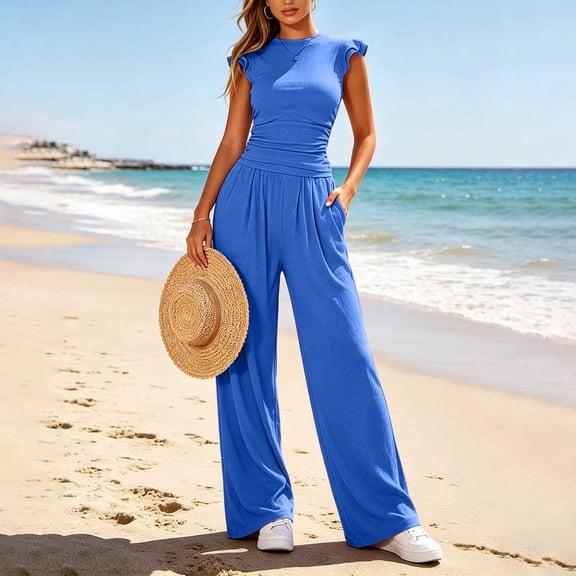 Karymi Summer Sets for Women 2-Piece Loungewear Set, Ruffle Cap Sleeve Ruched Crop Top High Waist Pleated Wide Leg Pants with Pockets, Casual Daily Outfit Overalls for Women