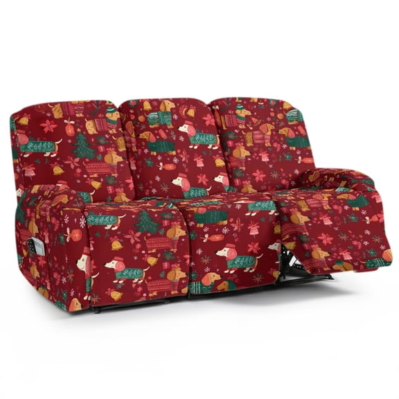 ZIATUBLES 8 PCS Recliner Sofa Covers for 3 Seater Counch, Soft Stretch Recliner Chair Covers with Elastic Bottom Christmas Furniture Decor Slipcovers for Living Room, Christmas Dachshund Red