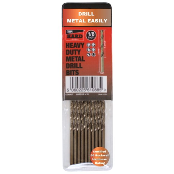 TTP HARD Drills 1/8 Drill bit - Cobalt Hardened bits for Drilling Hard Steel & Stainless, Heavy Duty Universal Drills for Cutting Tough Metal, Professional jobber Industrial 135 Degree Point