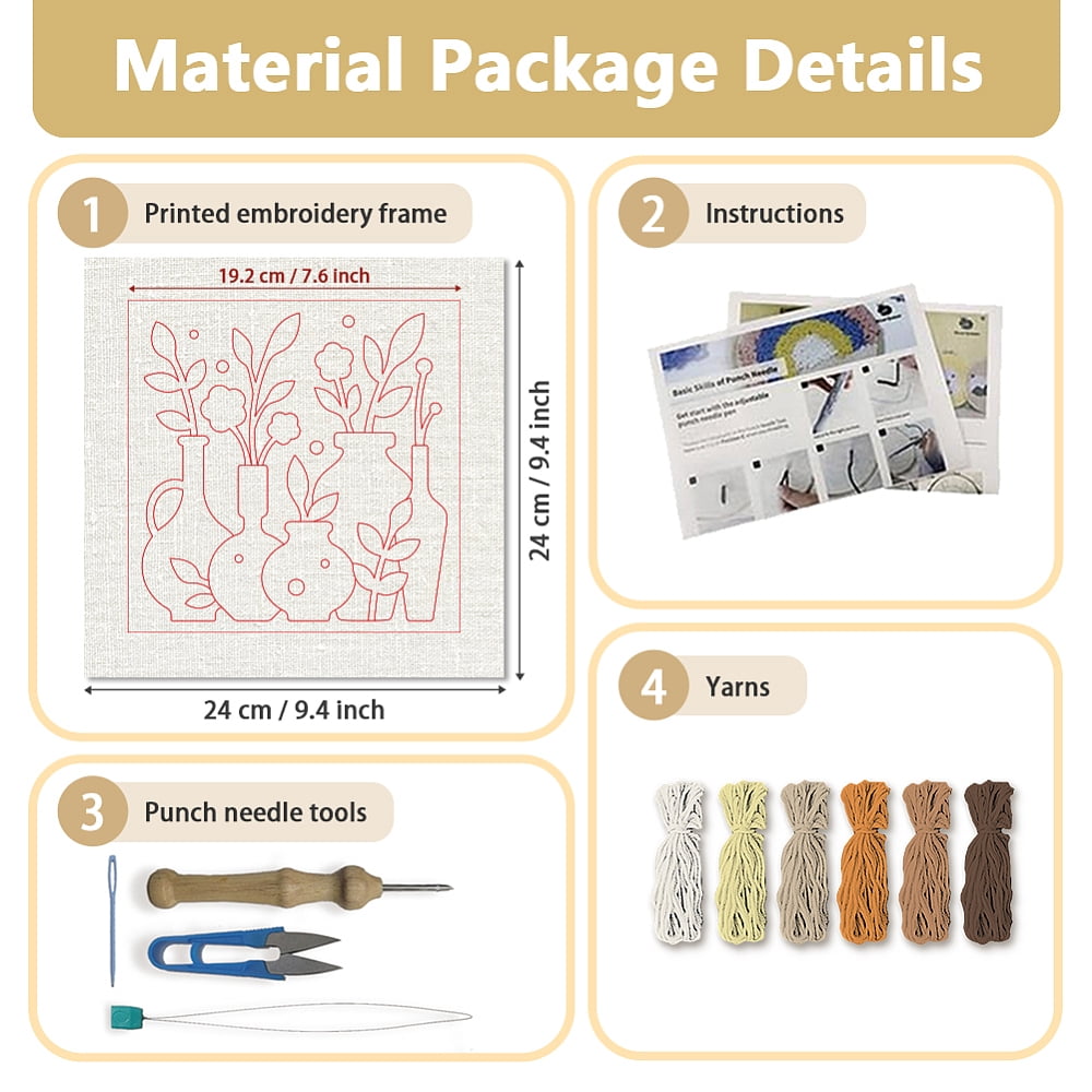 Polyester Cotton Punch Needle 4Folded Yarns Embroidery Kits Included Threader Cotton Thread Punch Needle Thread Clips 3.5MM Wooden Needle Vase
