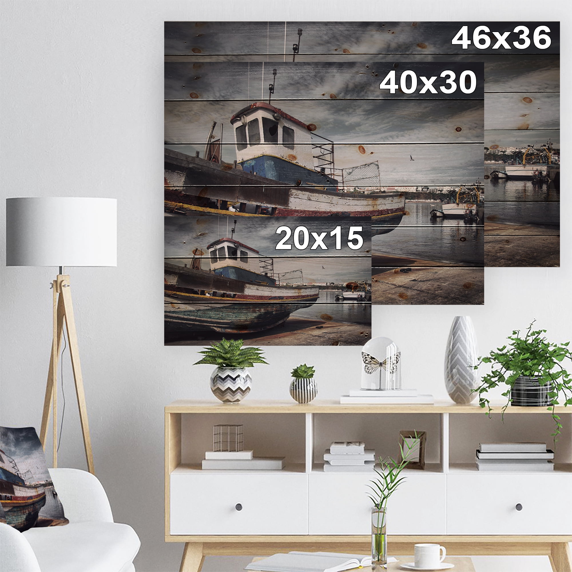 Designart 'Old Fishing Boat' Boat Print on Natural Pine Wood