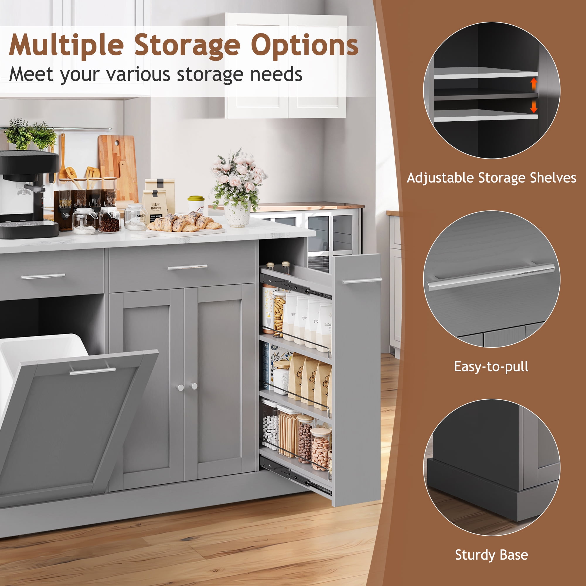 DreamCurship 52" Kitchen Island with Storage, Rolling Kitchen Cart Island with Wheels, Tilt Out Kitchen Trash Cabinet 10 Gallon Storage, 3 Large Spice Racks and 2 Drawers, Gray