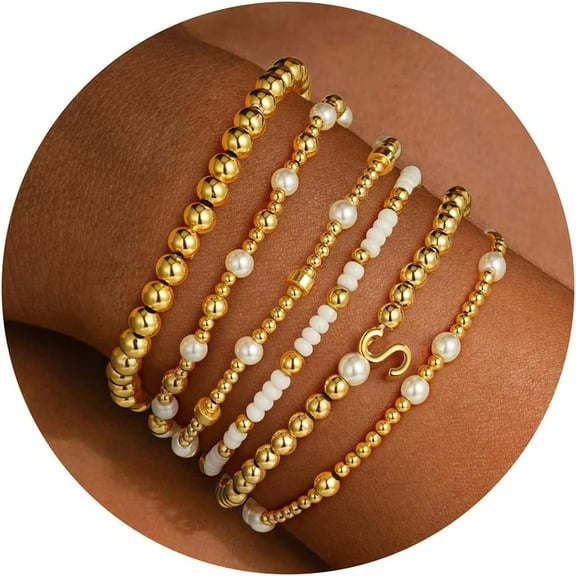 6-piece Set of Women's Bead Jewelry First Letter Bracelet, A-Z Full Set Adjustable Elastic Bead Jewelry Layered Bracelet Jewelry