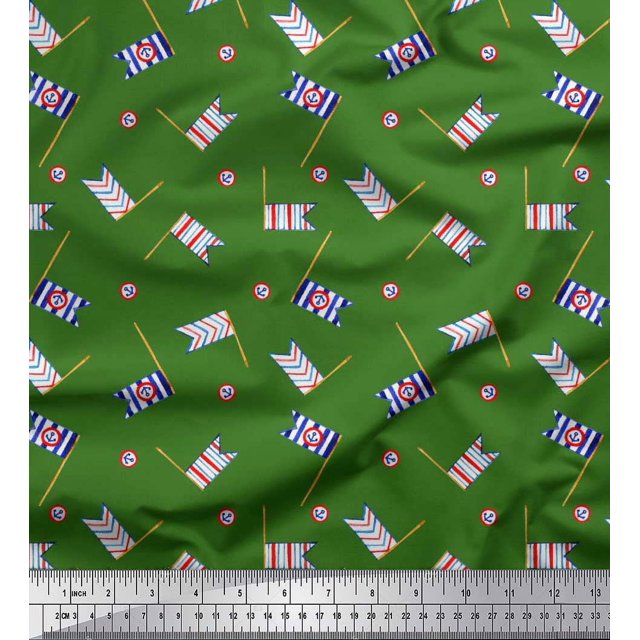 Soimoi Green polyester Crepe Fabric Anchor Hook & Small Country Flag Printed Fabric 1 Yard 52 Inch Wide