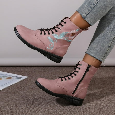 Perfectbot Girl Boots Pink Lace up Round Toe Mid Calf Boots Winter Low Heel Flatform Embroidered Print Large Size Shoes Size 9.5