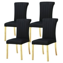 Leovanni Set of 4 Velvet Dining Chairs, Channel Tufted High Back, Gold Metal Legs, Black Fabric