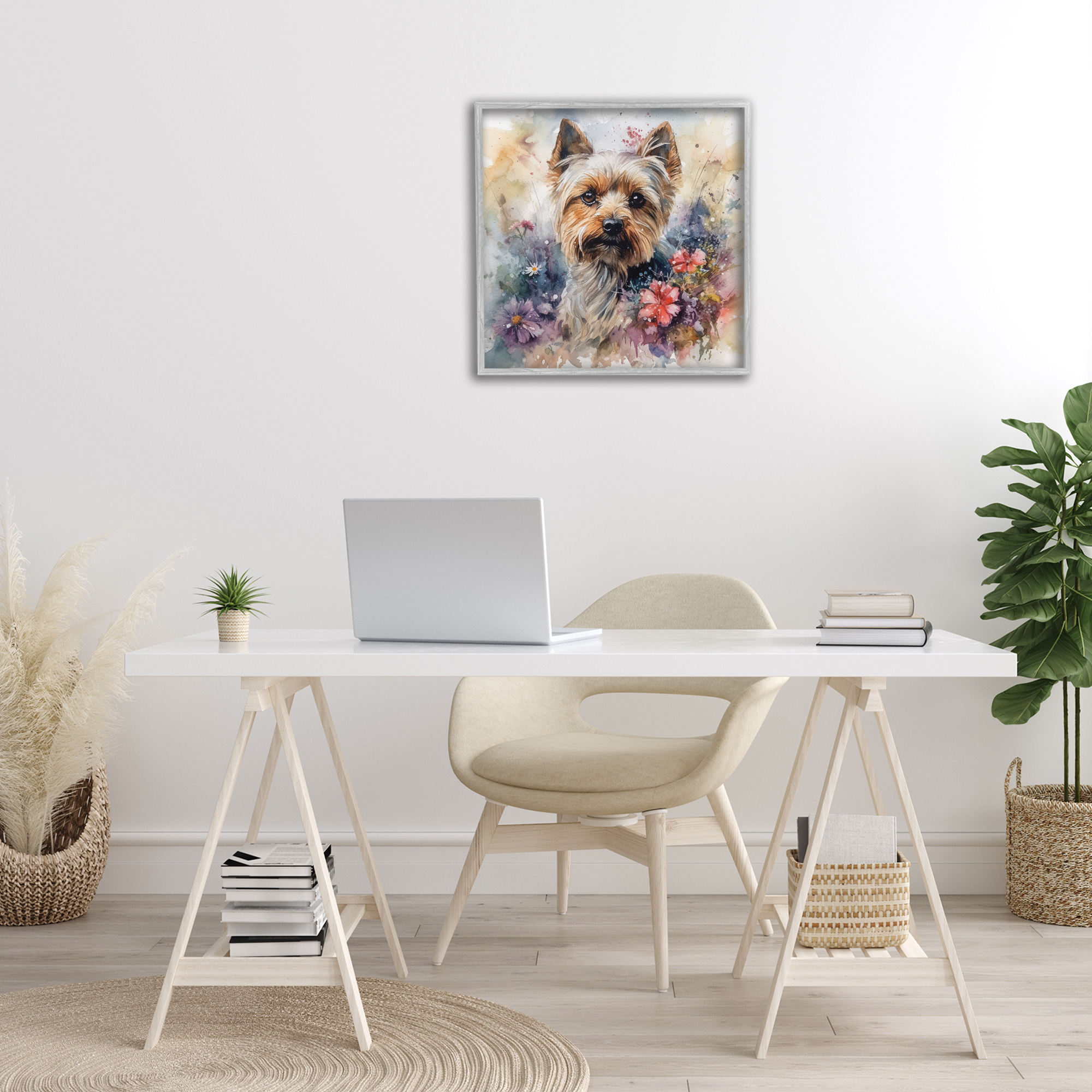 Stupell Industries Floral Adorned Yorkie Animals & Insects Painting Gray Framed Art Print Wall Art, 24 x 24