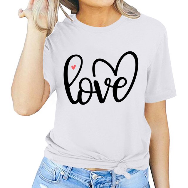 Meichang T-Shirt de la Saint-Valentin pour Femmes, Imprimé Cœur, Manches Courtes, Col Rond, Coupe Ample, Hauts de Vacances, Soldes 2025
