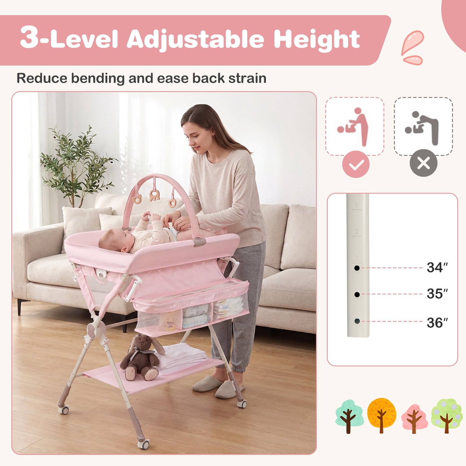 Infans Baby Changing Table w/Storage Bag Shelf Toys Lockable Wheels Adjustable Heights