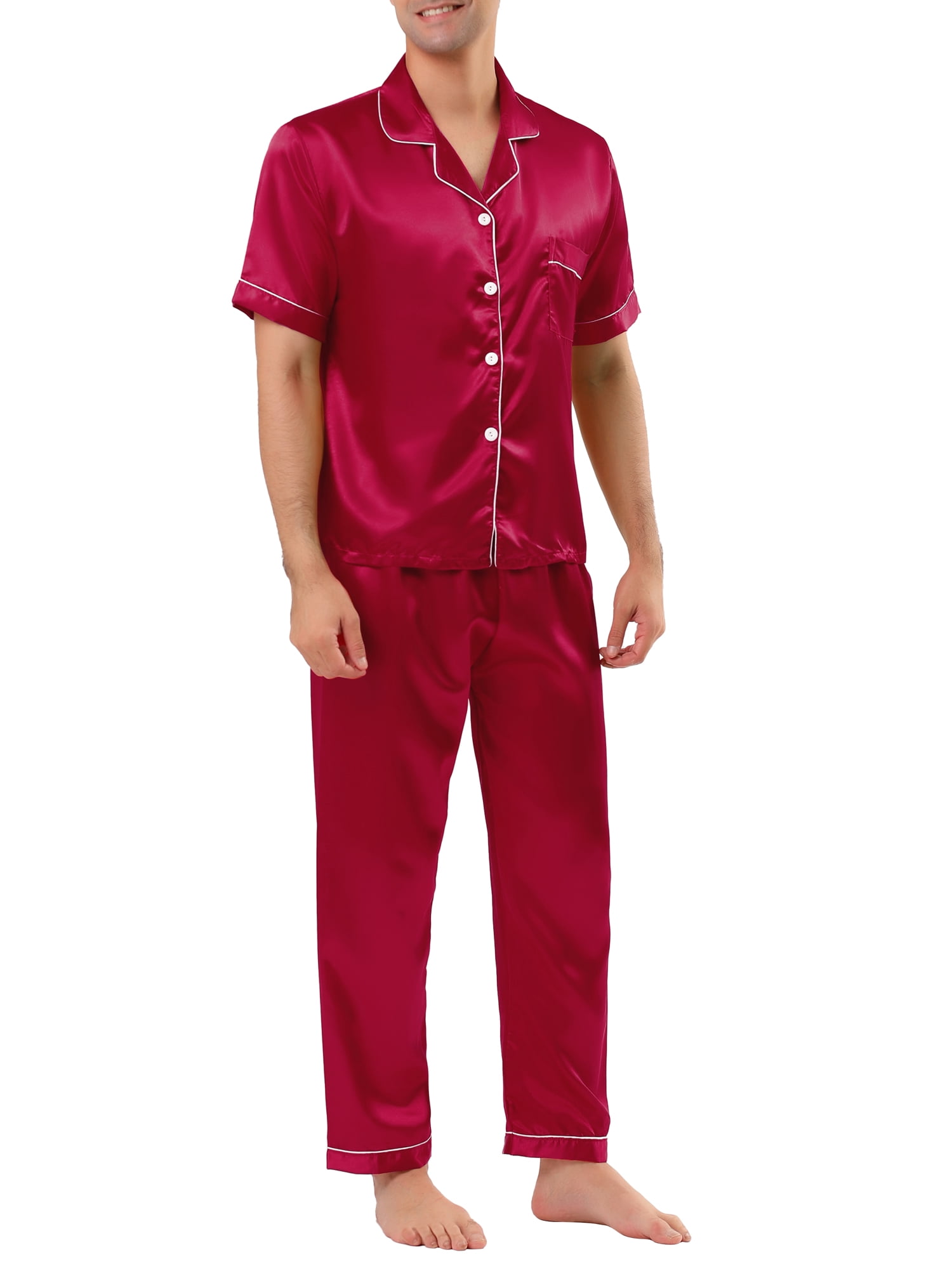 Unique Bargains Men's Button Down Satin Pajama Sets Short Sleeves Nightwear Large Burgundy