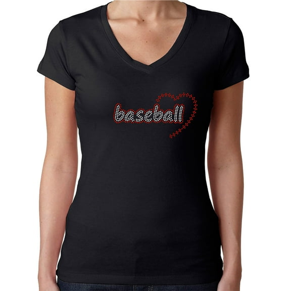 Womens T-Shirt Rhinestone Bling Black Tee Love Baseball Heart Sparkle V-Neck XX-Large