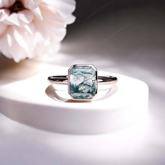 SHREENATHJEWELRY 8x6MM / 1CT Emerald Cut Moss Agate Engagement Ring Solitaire Statement Women Jewelry Natural Gemstone Proposal Gift Ring