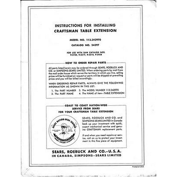 Craftsman 113.242970 Bench Saw Table Extension Installation Instructions REPRINT