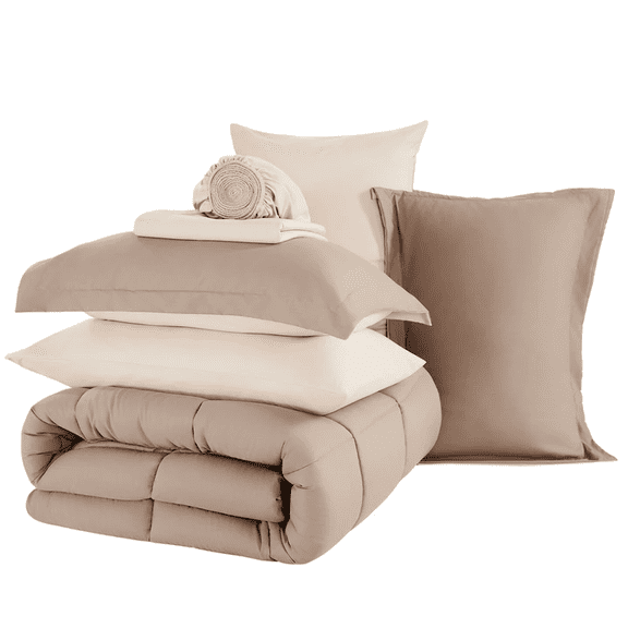 Vccoem 7 Piece Comforter Set Queen Size, All Season Bed in a Bag, Ultra Soft Bedding with Comforter, Sheets, Pillowcases & Shams, Khaki & Beige