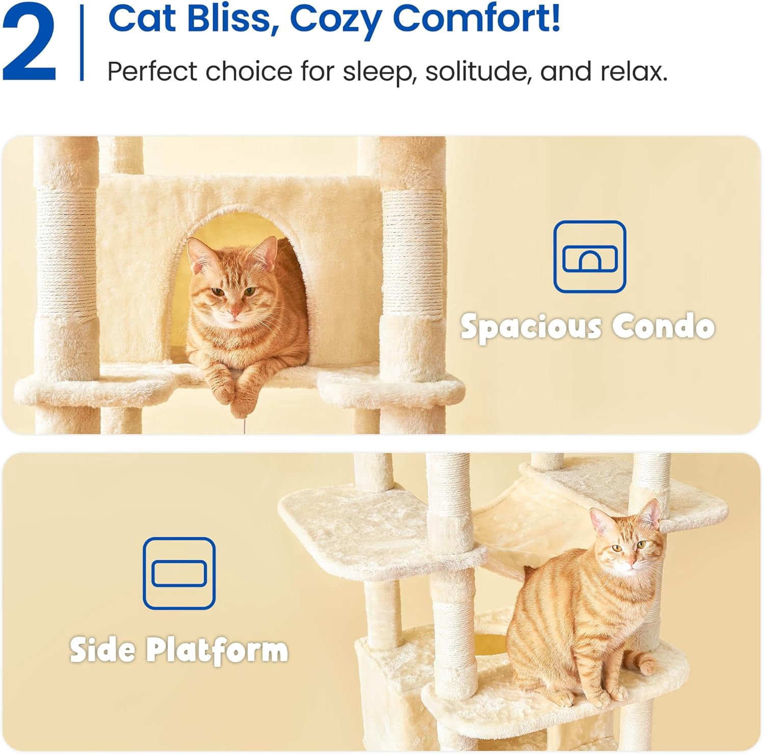 WSWJY Large Cat Tree, 67.7-Inch Tall Tower for Indoor Cats With 2 Condos, Multi-Level Stand With 3 Hammocks, Wide Perch, Scratching Posts, Dangling Toys, Beige