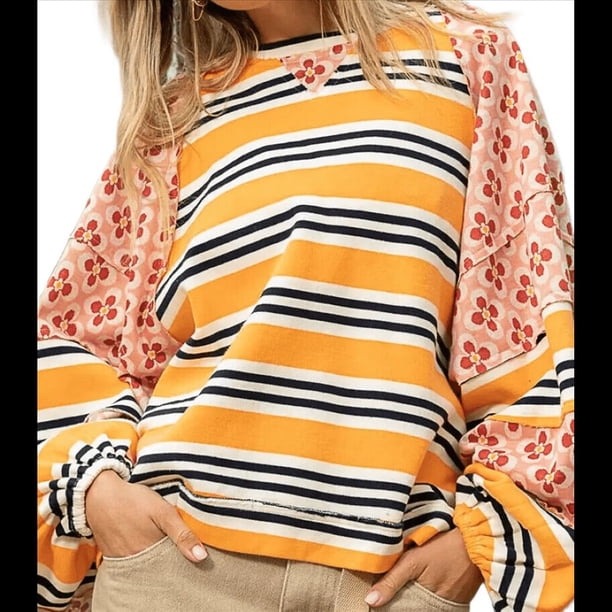 Sudadera con Cuello Redondo y Estampado Floral A Rayas con Bloques de Color para Mujer, Estilo Y2K Color Naranja S