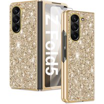 Dteck for Samsung Galaxy Z Fold 5 Case with Screen Protector (for Front Screen Only), Ultra Slim Glitter Hard PC Back Shockproof Protective Cover for Samsung Galaxy Z Fold5 5G,Gold