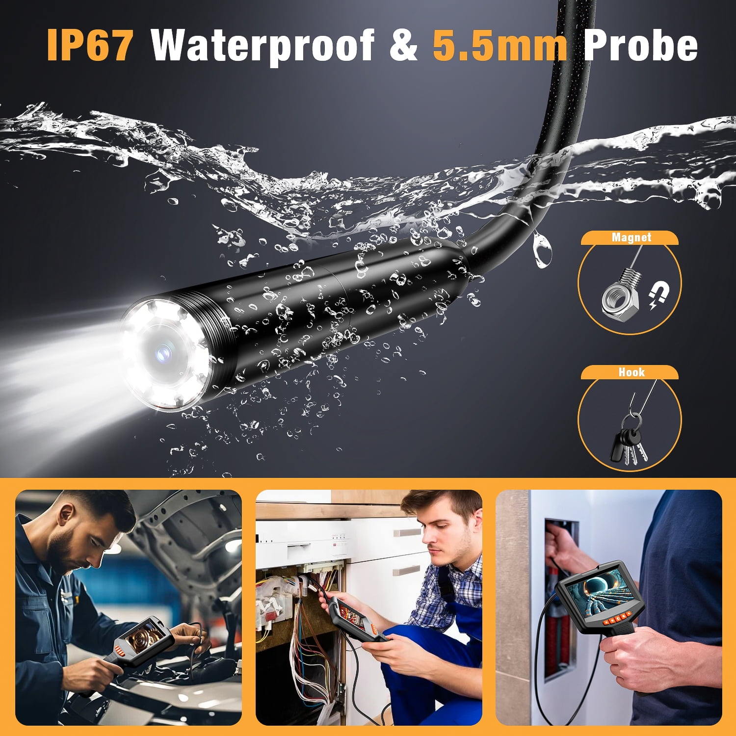 Askmuse 1080P Endoscope Camera with Light, 4.3in LCD Inspection Scope with 16.4ft Waterproof Semi-Rigid Cable, 3X Zoom LED Borescope Camera for Pipe Drain Sewer Automotive Tool Use