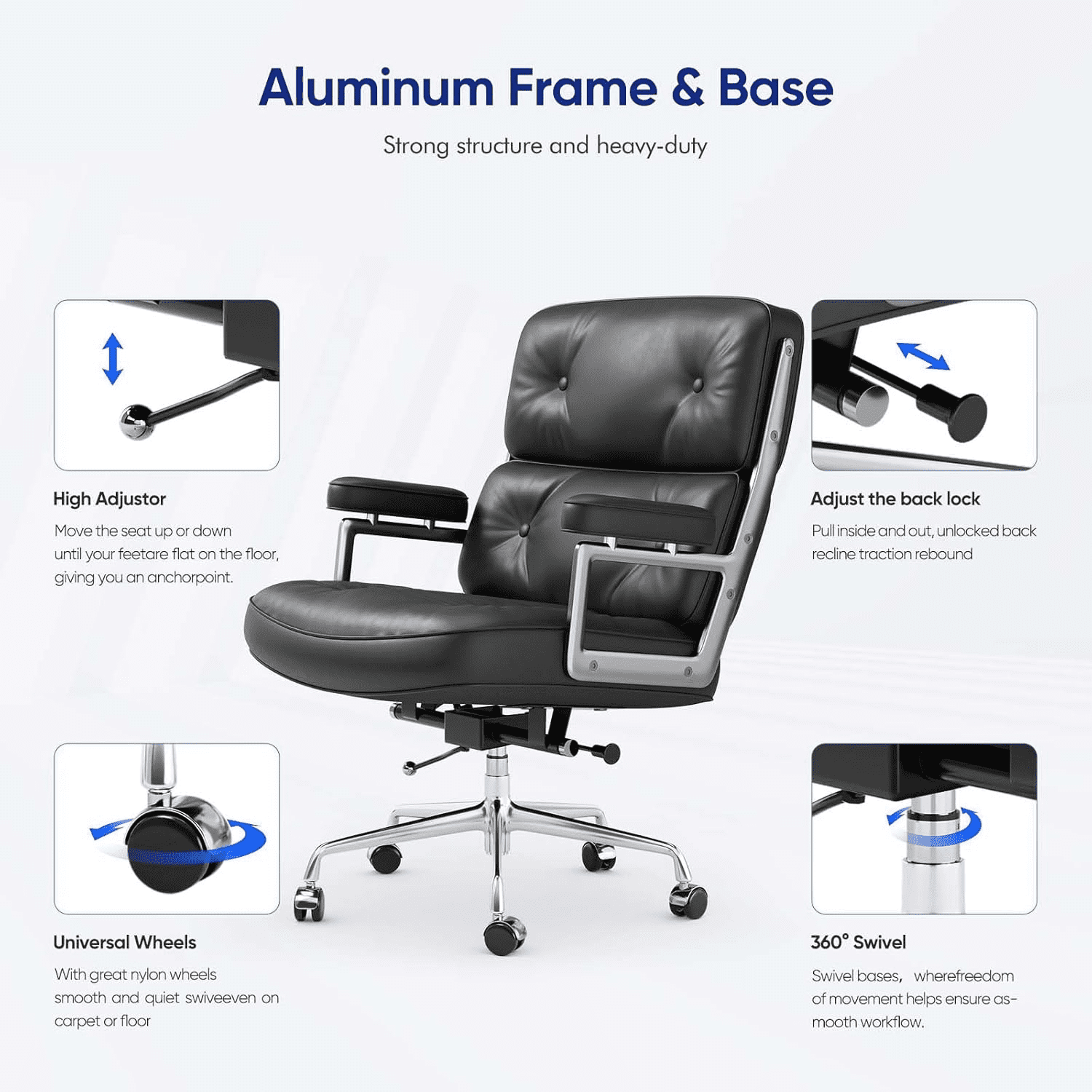 Cottinch Mid Back Genuine Leather Office Chair, Executive Desk Chairs with Aluminum Arms & Thickened Backrest, Ergonomic Office Chair Swivel Office Leather Chair with Lumbar Support, Black